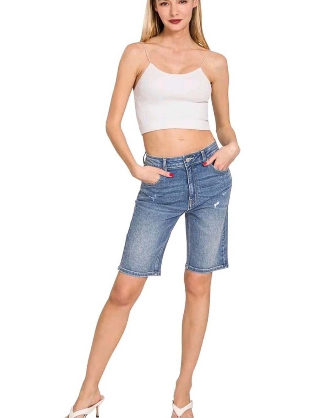 Zenana High-Rise Denim Distressed Bermuda Shorts